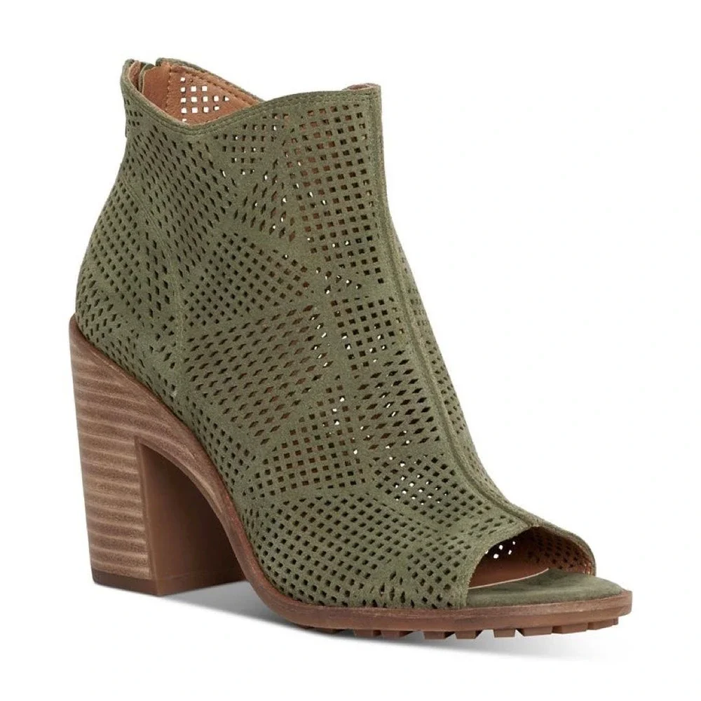 NIB Lucky Brand Vacob 9M Open Toe Perforated Block Heel Ankle Bootie Olive Suede - Picture 13 of 13